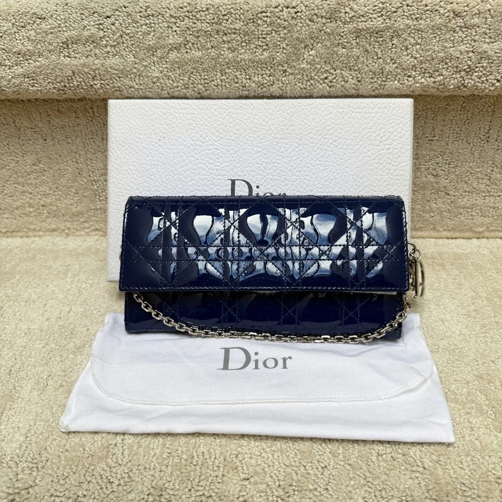 Christian Dior Wallet on Chain in Navy Patent Leather Full Set